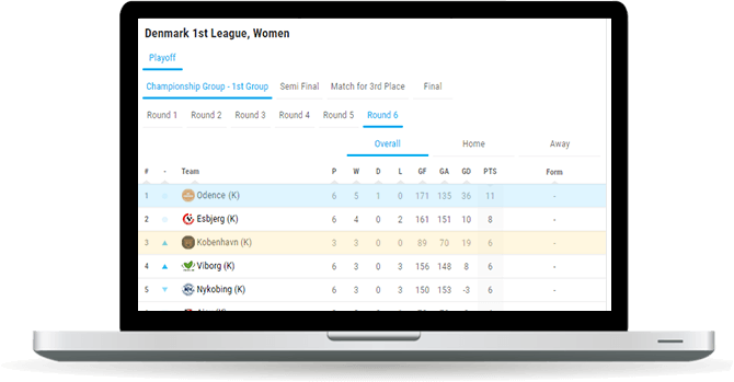 handball h2h standings widget overview