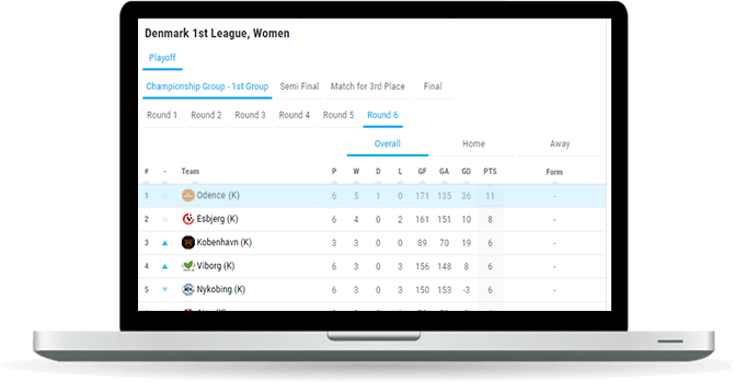 handball team standings widget overview