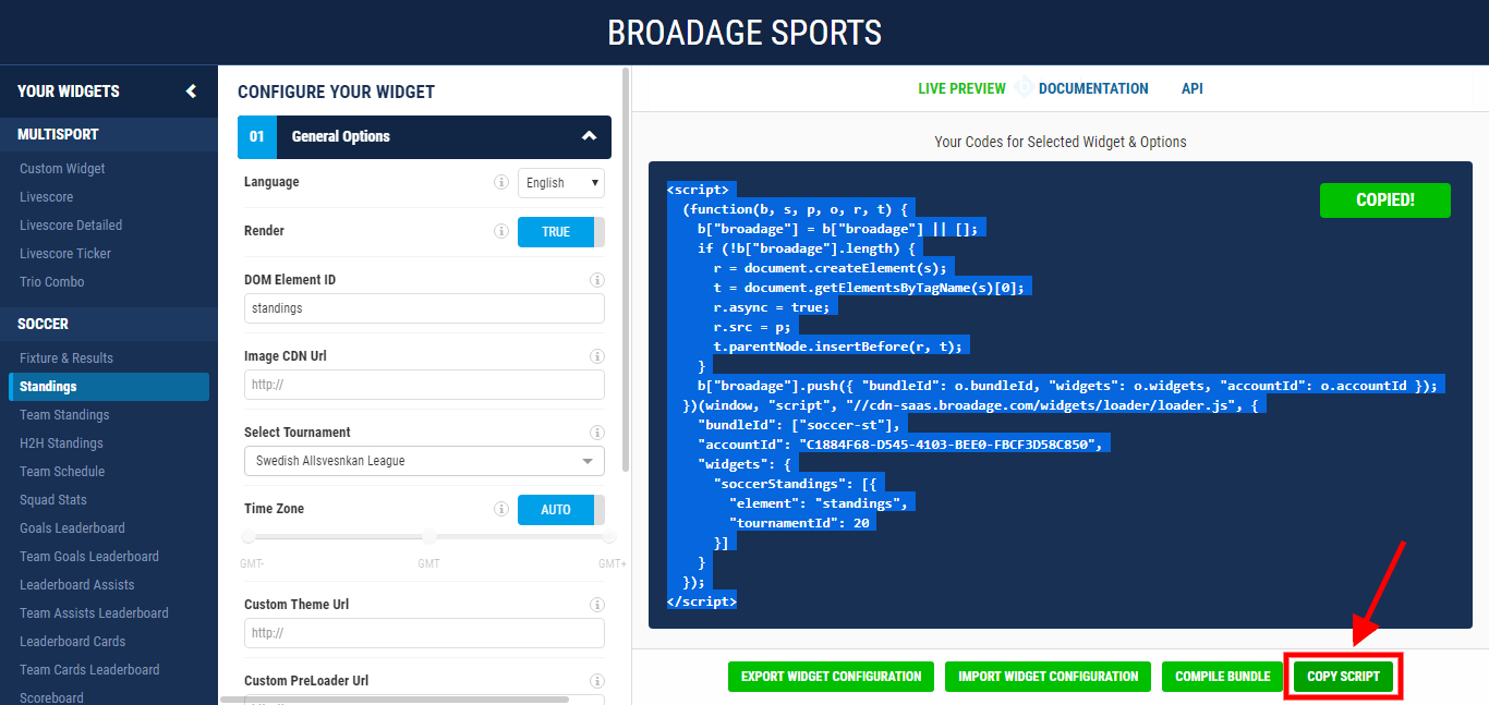 broadage sports how to run your widget in html 1