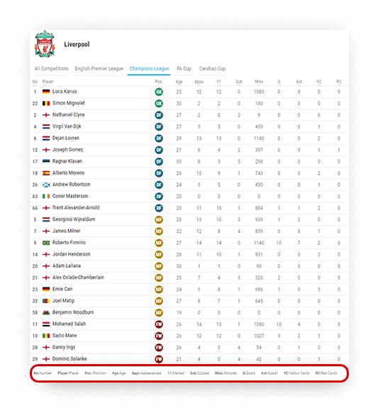 soccer squad with statistics data descriptions