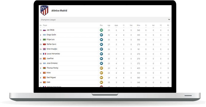 soccer team squad statistics widget overview