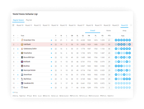Volleyball Team Standings Widget, Volleyball Team Sports Data